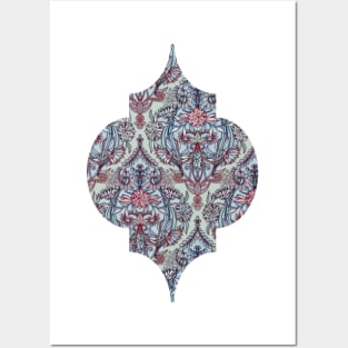 Botanical Moroccan Doodle Pattern in Navy Blue, Red & Grey Posters and Art